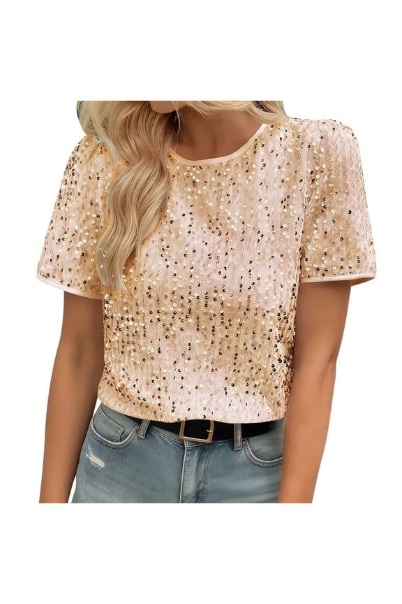 Women Shirts Casual Short Sleeve Blouse With Sparkling Sequins For Work Commute Comfortable Loose Fit Round Neck Tops Birthday Female Solid Color Dailywear