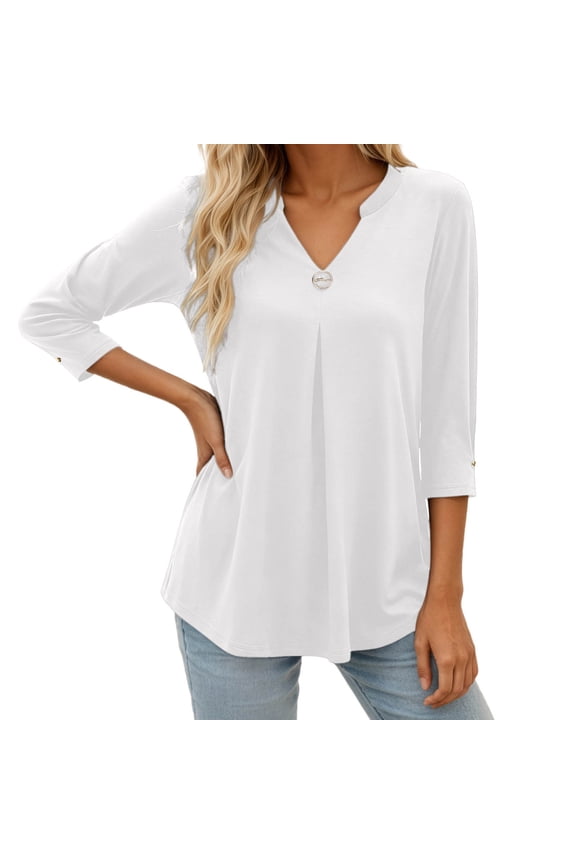 Women Shirts Casual Three Quarter Sleeve Blouse With Button Detail And Flowy Ruffle Front For A Stylish Comfortable Fashionable Female Solid Color Tops