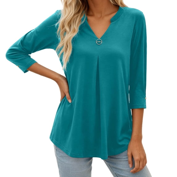 FUYUDY Women Shirts Casual Three Quarter Sleeve Blouse With Button Detail And Flowy Ruffle Front For A Stylish Comfortable Versatile Female Solid Color Tops