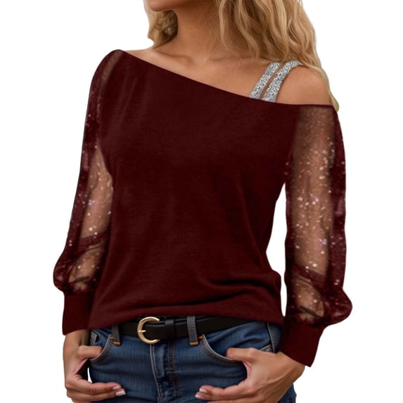 FUYUDY Women Shirts Elegant Off Shoulder Net Overlay Lightweight Tops For With Neckline Long Sleeve Fashion Blouse Soft Female Solid Color Dailywear