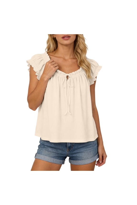 Women Shirts Elegant Sleeveless Ruffle Tie Tank Tops For Casual Summer Wear Loose Fit Lightweight Knit Sleeveless Blouse Comfort Female Solid Color Dailywear