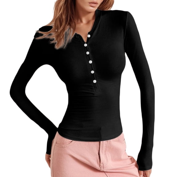 FUYUDY Women Shirts Neck Button Down Shirt Slim Fit Long Sleeve Soft Blouse For Layering And Casual Wear Boho Female Solid Color Tops