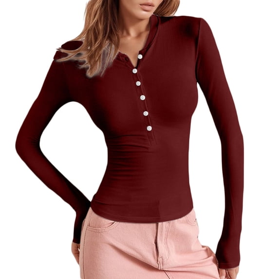 FUYUDY Women Shirts Neck Button Down Shirt Slim Fit Long Sleeve Soft Blouse For Layering And Casual Wear Classic Female Solid Color Tops