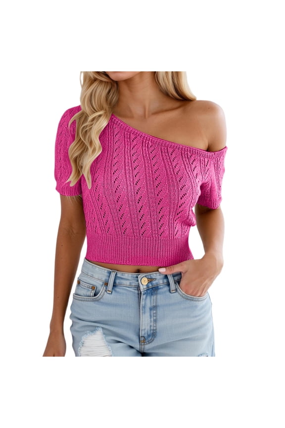Women Shirts Off Shoulder Knit Tops Summer Casual Short Sleeve Cropped Shirt With Lace Up Detail Boho Blouse Boho Female Solid Color Dailywear