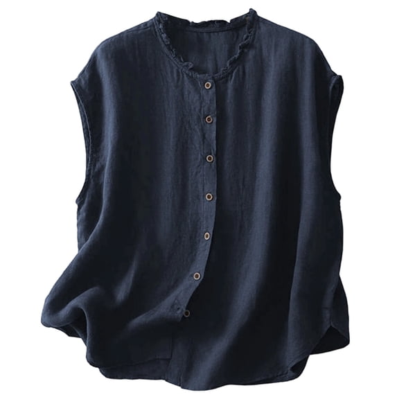 FUYUDY Women Shirts Summer Loose Fit Sleeveless Tops V Neck Button Down Shirt With Lace Casual Breathable Tunic Blouse Fashionable Female Solid Color Dailywear