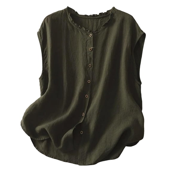 FUYUDY Women Shirts Summer Loose Fit Sleeveless Tops V Neck Button Down Shirt With Lace Trim Casual Breathable Tunic Blouse Stylish Female Solid Color Dailywear