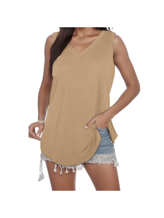 Women Tank Top Simple Versatile V Neck Loose Fit Camisole Comfortable Breathable Casual Vest Top For Ladies Daily Wear,Beige,XXL