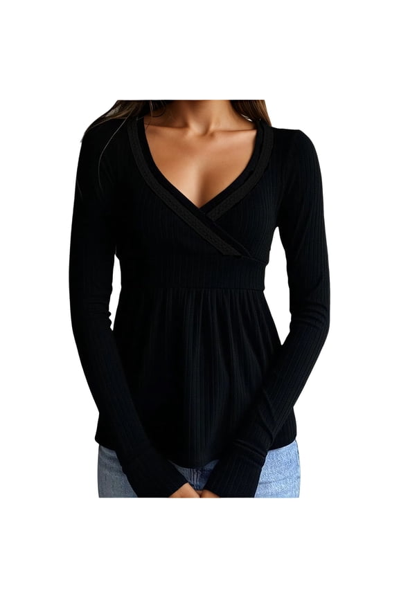 Women Tshirts Deep V Neck Lace Trimmed Design T-Shirt For Elegant Waist Defining Floral Lace Blouse Fall Fashion Holiday Female Solid Color Tops