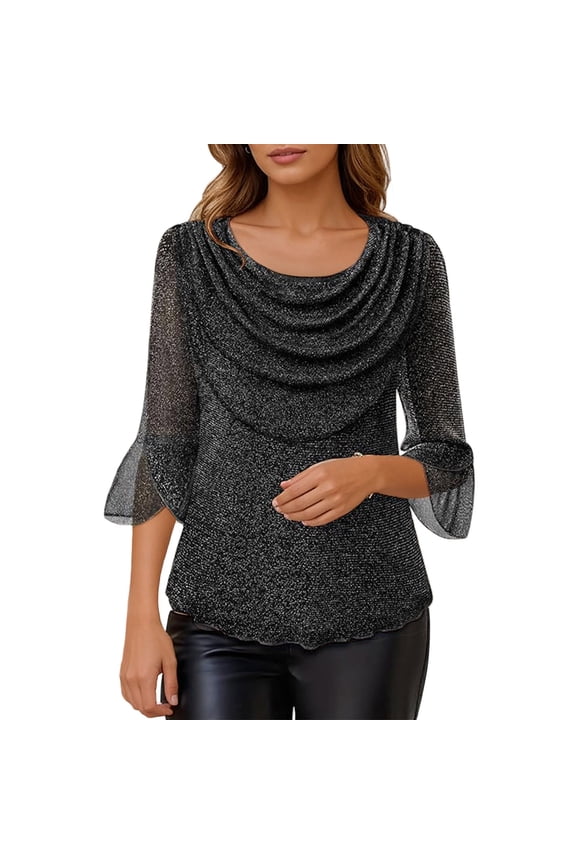 Women Tshirts Elegant T-Shirt With Draped Neckline And Sheer Mesh Sleeves Soft Breathable Casual Blouse For Daily Wear Breathable Female Solid Color Tops