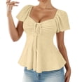 thumbnail image 1 of FUYUDY Women Tshirts Fashion Summer Short Sleeve T-Shirt With Drawstring V Neck Tie Design Casual Solid Color Tee Tops Fashionable Female Dailywear, 1 of 5