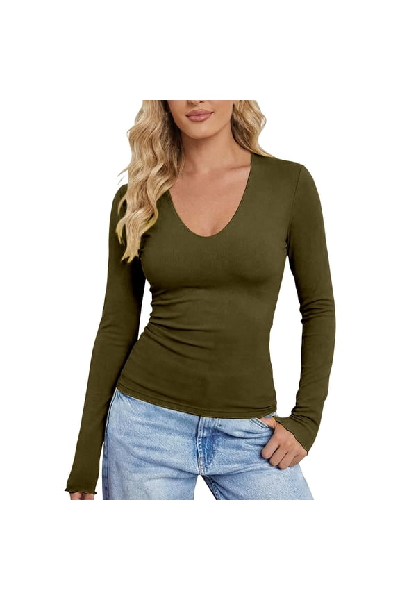 Women Tshirts Low Neck Long Sleeve T-Shirt Fall Slim Fit Basic Tops Soft Lined Casual Tee Leisure Female Solid Color Dailywear