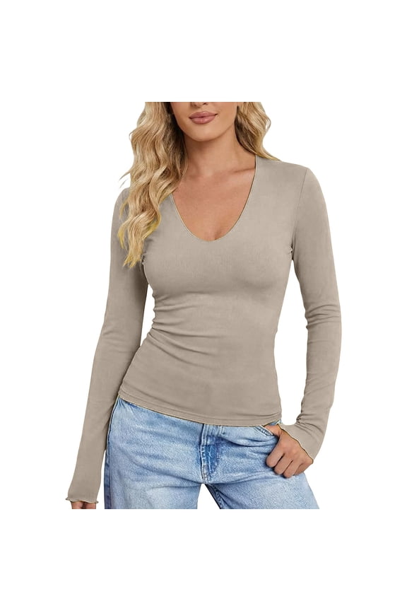 Women Tshirts Low Neck Long Sleeve T-Shirt Fall Slim Fit Basic Tops Soft Lined Casual Tee Soft Female Solid Color Dailywear