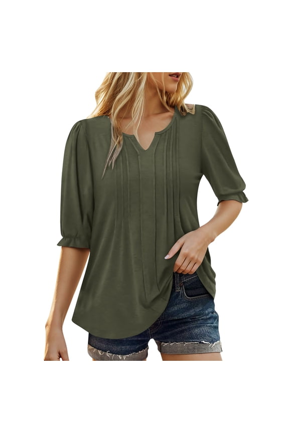 Women Tshirts A Plain Colored Casual Tops With Puffed Sleeves V Neck Five Quarter Sleeve T-Shirt For Ladies Leisure Female Solid Color Dailywear