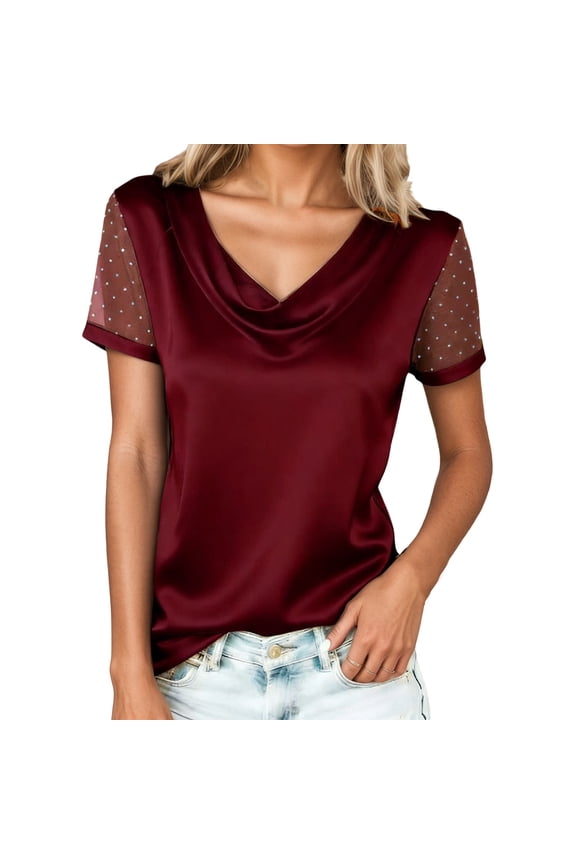 Women Tshirts Solid Color Mesh Rhinestone Draped Neckline Puff Short Sleeve T-Shirt Elegant Casual Blouse Tops For Daily Wear Fashionable Female Dailywear