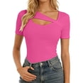 thumbnail image 1 of FUYUDY Women Tshirts Summer Asymmetrical Hem Fitted Short Sleeve T-Shirt Casual Basic Tee Tops For Daily Wear Cozy Female Solid Color Dailywear, 1 of 6