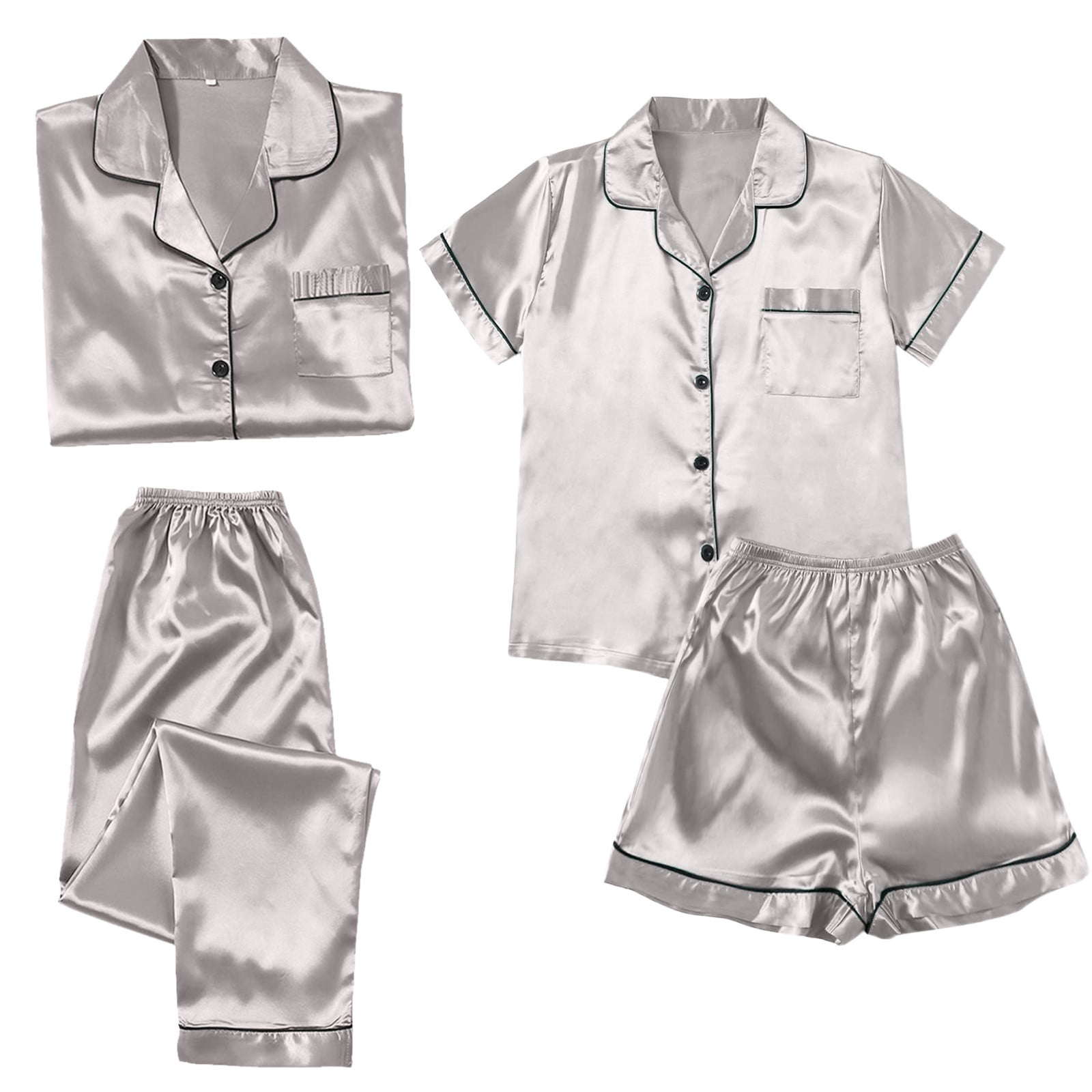 FUYUDY Women's 4 Piece Satin Pajama Set Short Sleeve Button Down Top ...