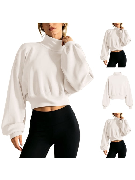 Women's Fall Winter Turtleneck Long Sleeve Loose Fit Cropped Crop Top Sweatshirt for Dailywear