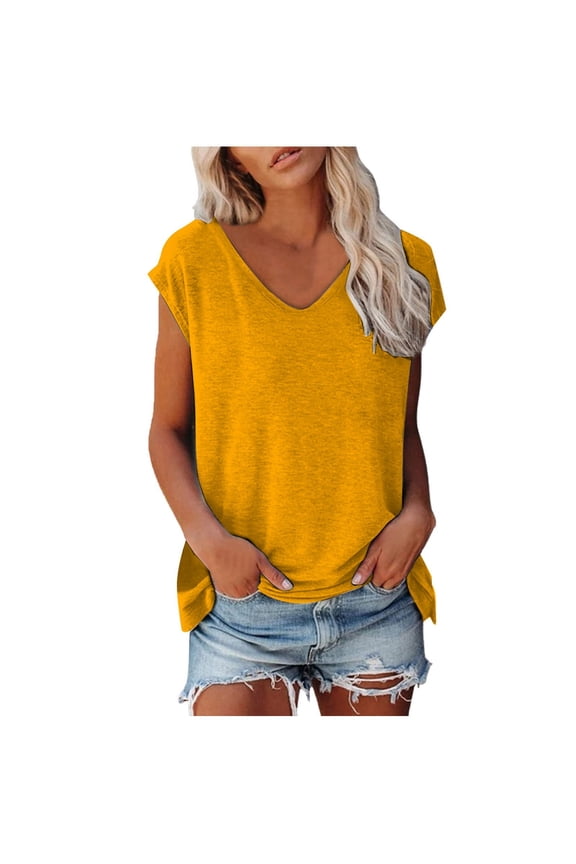 Women's Tshirts Summer Fashion Casual V Neck Low Neckline Ultra Short Sleeved Solid Color Letter Printed Loose T-Shirt Tops Cozy Female Dailywear
