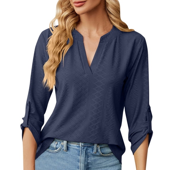 FUYUDY Women's Tshirts V Neck Button Detail 3/4 Sleeve T-Shirt For Casual Wear Comfort Female Solid Color Tops