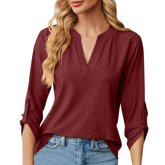 FUYUDY Women's Tshirts V Neck Button Detail 3/4 Sleeve T-Shirt For Casual Wear Fashionable Female Solid Color Tops