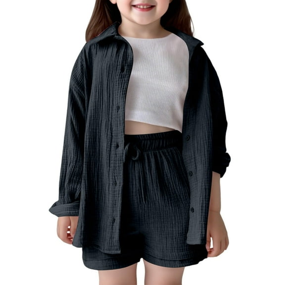 FUZHIQ 2 Piece Sets For Girls ,Girls Outfits & Sets Casual Playwear School Summer Fall Spring Toddler Kids Shirt Shorts Set Comfortable Pure Color Turn Down Collar Elastic Waist,5-6 Years