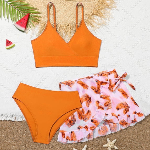 FUZHIQ 3 Piece Swimsuit for Girls Cute V Neck Bikini Suit Teen Girls Swimwear Sport with Cover Up Skirt,14-15 Years