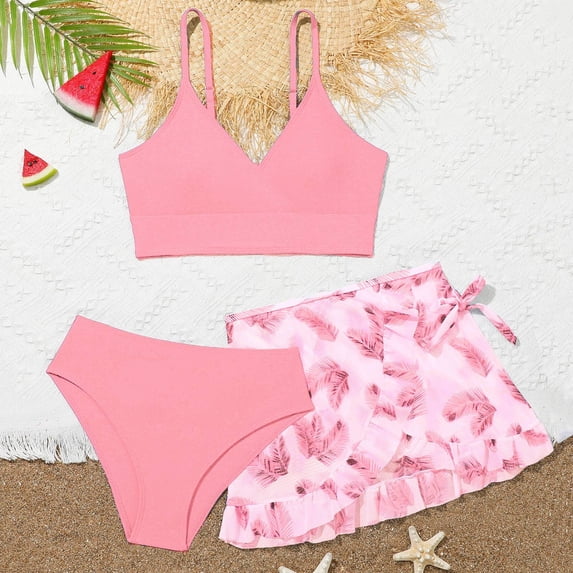 FUZHIQ 3 Piece Swimsuit for Girls Cute V Neck Bikini Suit Teen Girls Swimwear Sport with Cover Up Skirt,17-18 Years