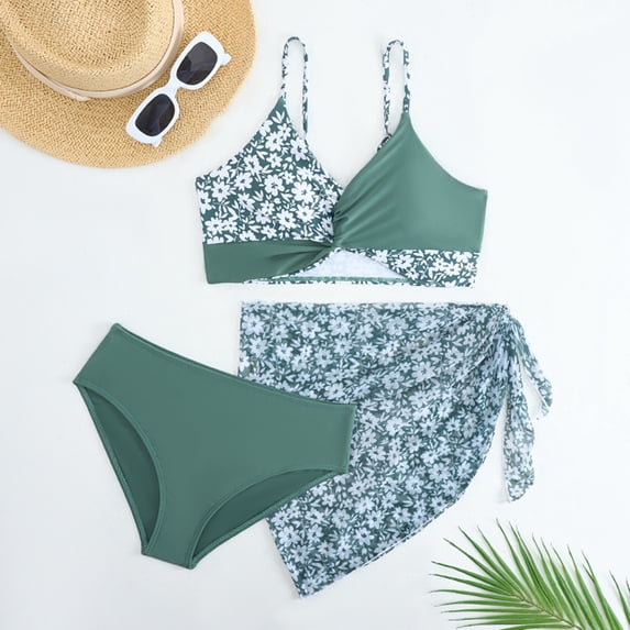 FUZHIQ 3 Piece Swimsuit for Girls Floral V Neck Bikini Set Suit Teen Girls Swimwear Sport with Cover Up Skirt,11-12 Years
