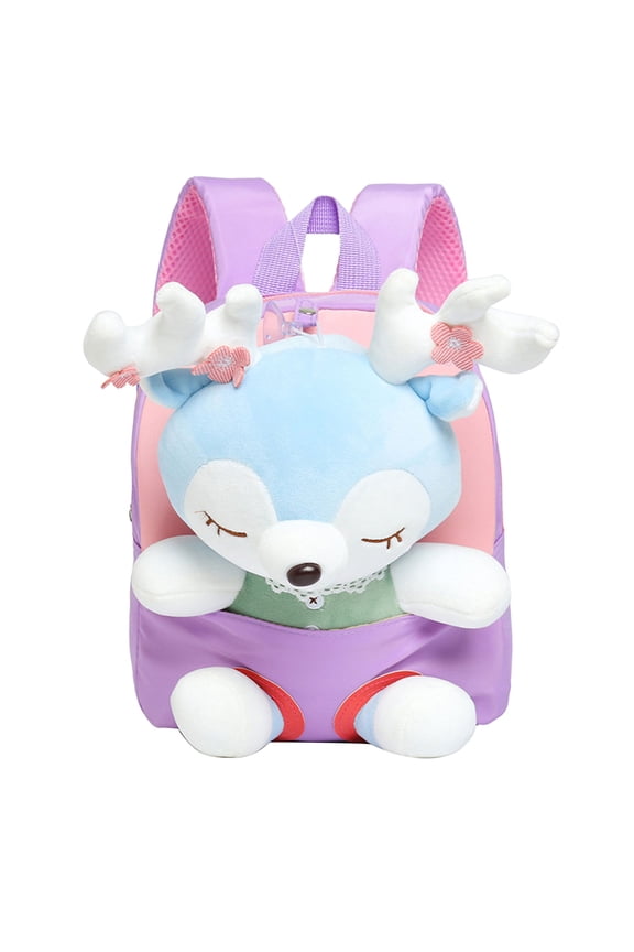 3D Plush Deer Doll Mini School Backpack for Ages 3-6 Cute Animal Design Soft Padded Straps Portable Small Student Daypack, Purple