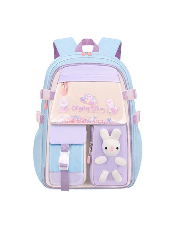 3D Plush Rabbit School Backpack for Ages 3rd 4th 5th 6th Grade Two Tone Color Block Multi Compartment Bookbag, Blue
