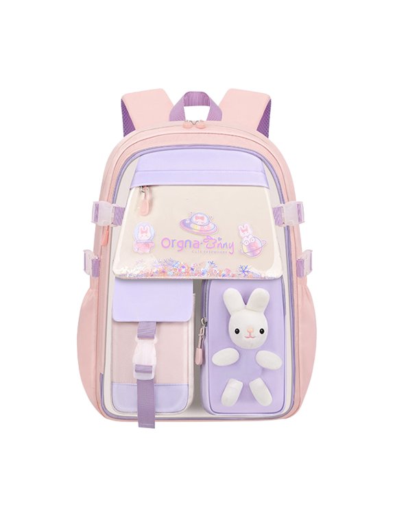 3D Plush Rabbit School Backpack for Ages 3rd 4th 5th 6th Grade Two Tone Color Block Multi Compartment Bookbag, Pink