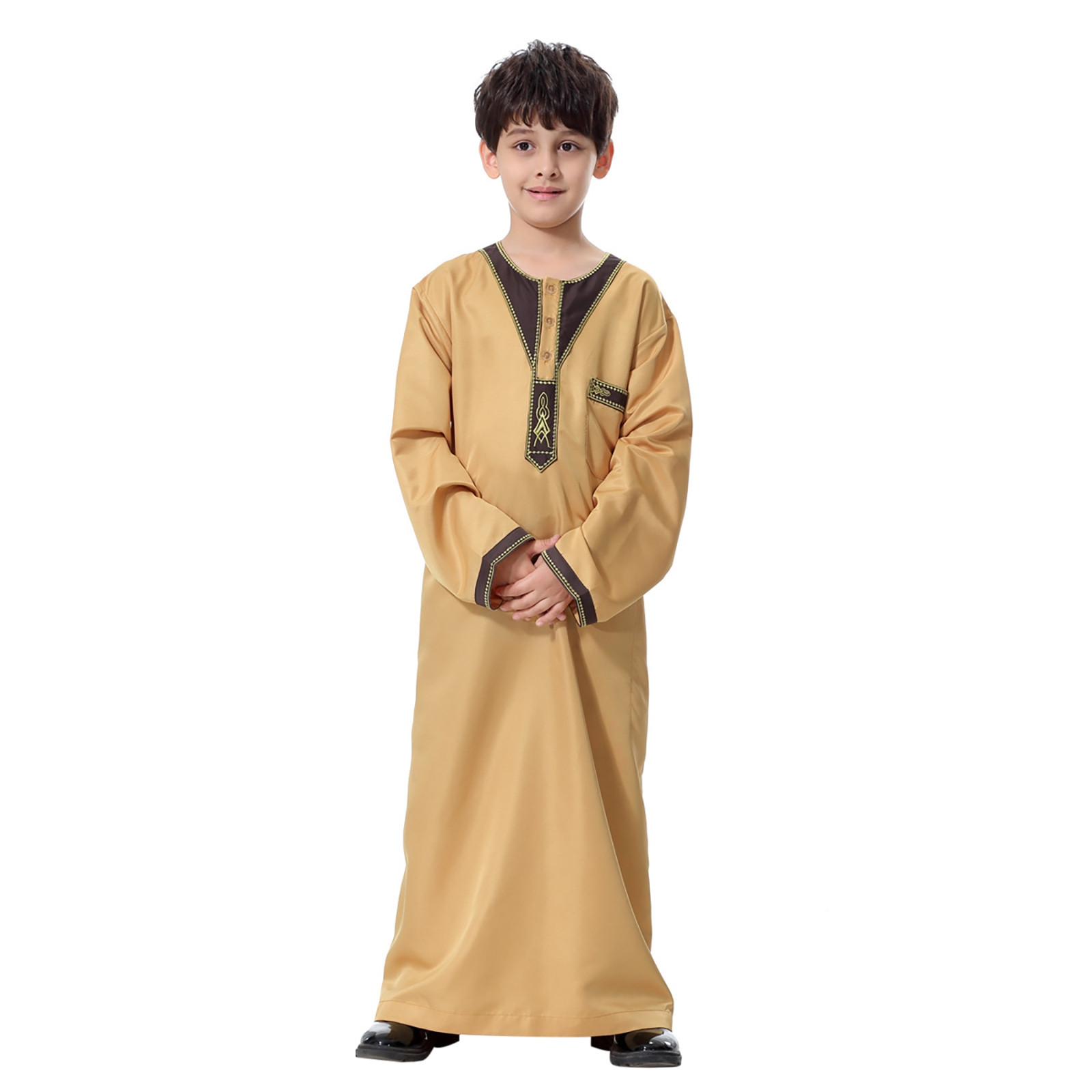 Qamis Enfant Garçon - Robe Longue Brodée, Manches Longues, Costume Traditionnel Musulman