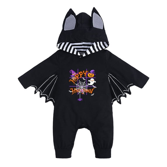 FUZHIQ Baby Bat Wing Jumpsuit with Cartoon Print, Hooded Long Sleeve Outfit for Halloween Party,12-18 Months