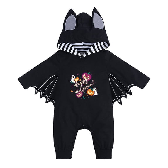 FUZHIQ Baby Bat Wing Jumpsuit with Cartoon Print, Hooded Long Sleeve Outfit for Halloween Party,6-12 Months