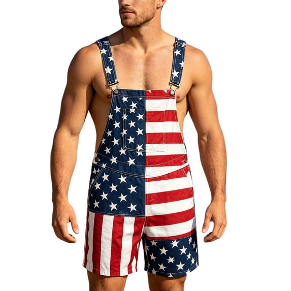 FUZHIQ Bib Overalls for Men Adjustable Straps Shorts Jumpsuit American Flag Printed Romper with Pockets for Independence Day Festival Daily Wear