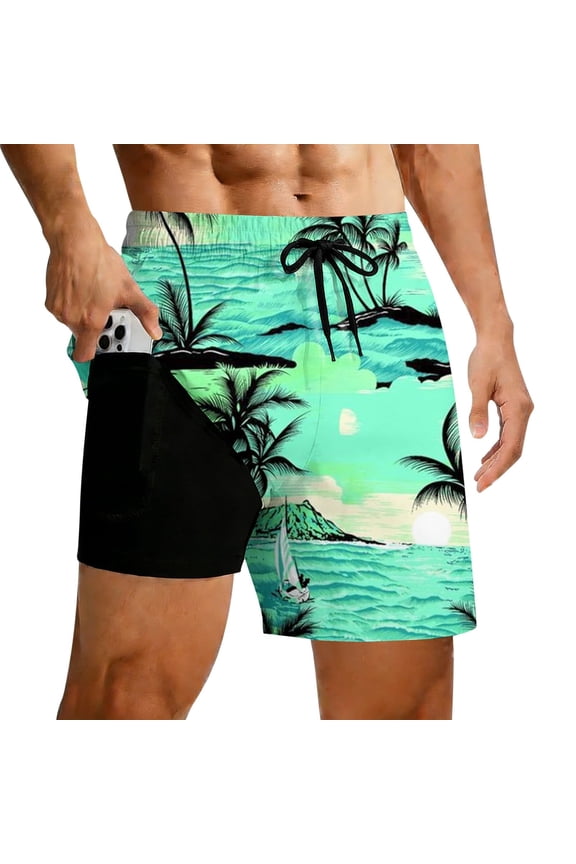 Board Shorts Men's 7 Inch Casual Palm Tree Print Quick Dry Spring Break Swim Trunks with Soft Mesh Lining Stretch Fabric Beach Wear,4XL