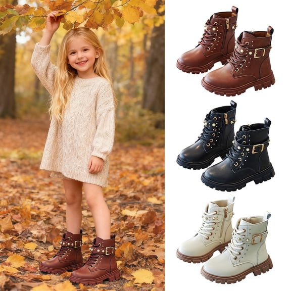 FUZHIQ Boots for Girls Kids Ankle Boots Short Boots Toddlers Dress Boots Low Heel Side Zipper,Brown,4.5-5 Years