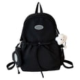 thumbnail image 1 of FUZHIQ Bow Drawstring School Backpack with Cloud Plush Pendant for Ages 3rd 4th 5th 6th Grade Simple Solid Color Side Pouch Bookbag, Black, 1 of 5