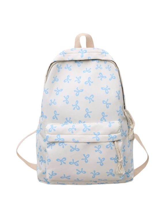 Bow Print School Backpack for 3rd 4th 5th 6th Grade Front Decorative Bow Side Mesh Pocket Cute Casual Student Bookbag, Blue