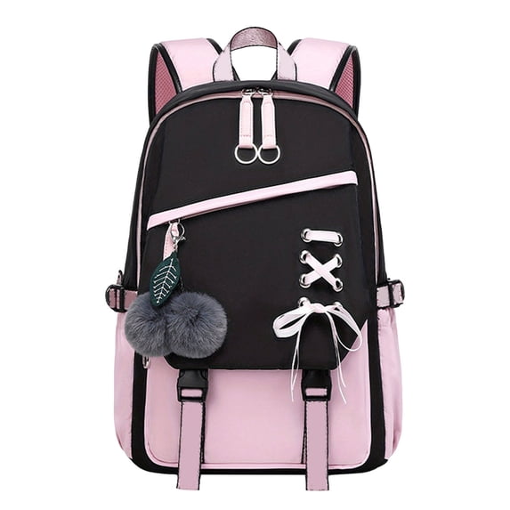 FUZHIQ Bow School Backpack for Ages 6-12 Plush Pendant Multi Compartment Padded Straps Casual Daily Student Bookbag, Pink
