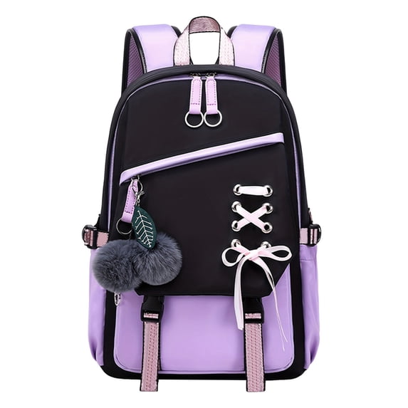 FUZHIQ Bow School Backpack for Ages 6-12 Plush Pendant Multi Compartment Padded Straps Casual Daily Student Bookbag, Purple