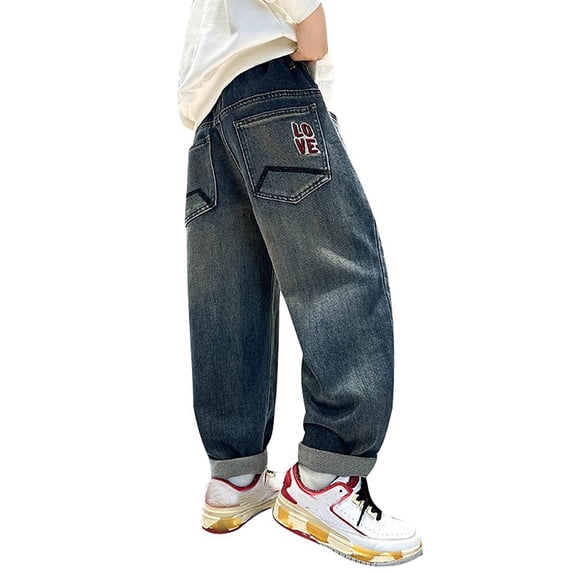 FUZHIQ Boys Baggy Jeans Vintage Wash Elastic Waist Wide Leg Denim Pants Loose Fit Casual Daily Wear Streetwear Trousers