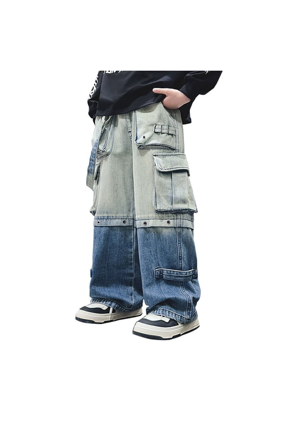 Boys Cargo Jeans Gradient Wash Elastic Waist Wide Leg Denim Pants with Multi Pockets Rivet Decor Tactical Style Casual Workwear Trousers for Kids,5-6 Years