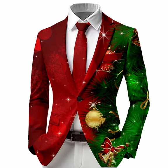 FUZHIQ Boys Christmas Print Blazer Jacket Long Sleeved Button Down Casual Holiday Party Formal Coat