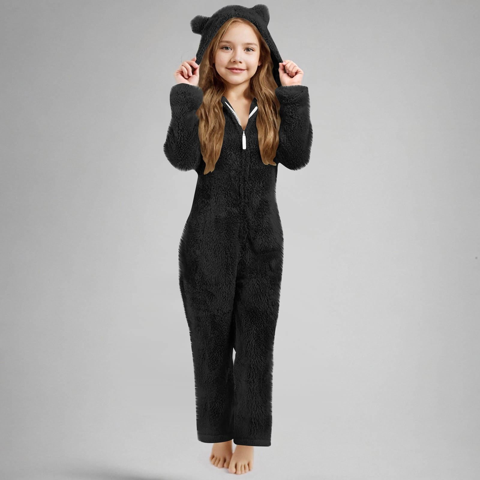 FUZHIQ Boys Girls Fleece Jumpsuits Onesie One Piece Zip Up Hooded Super Soft Fuzzy Hooded Rompers Warm Winter Jumpsuit for 13-14 Years