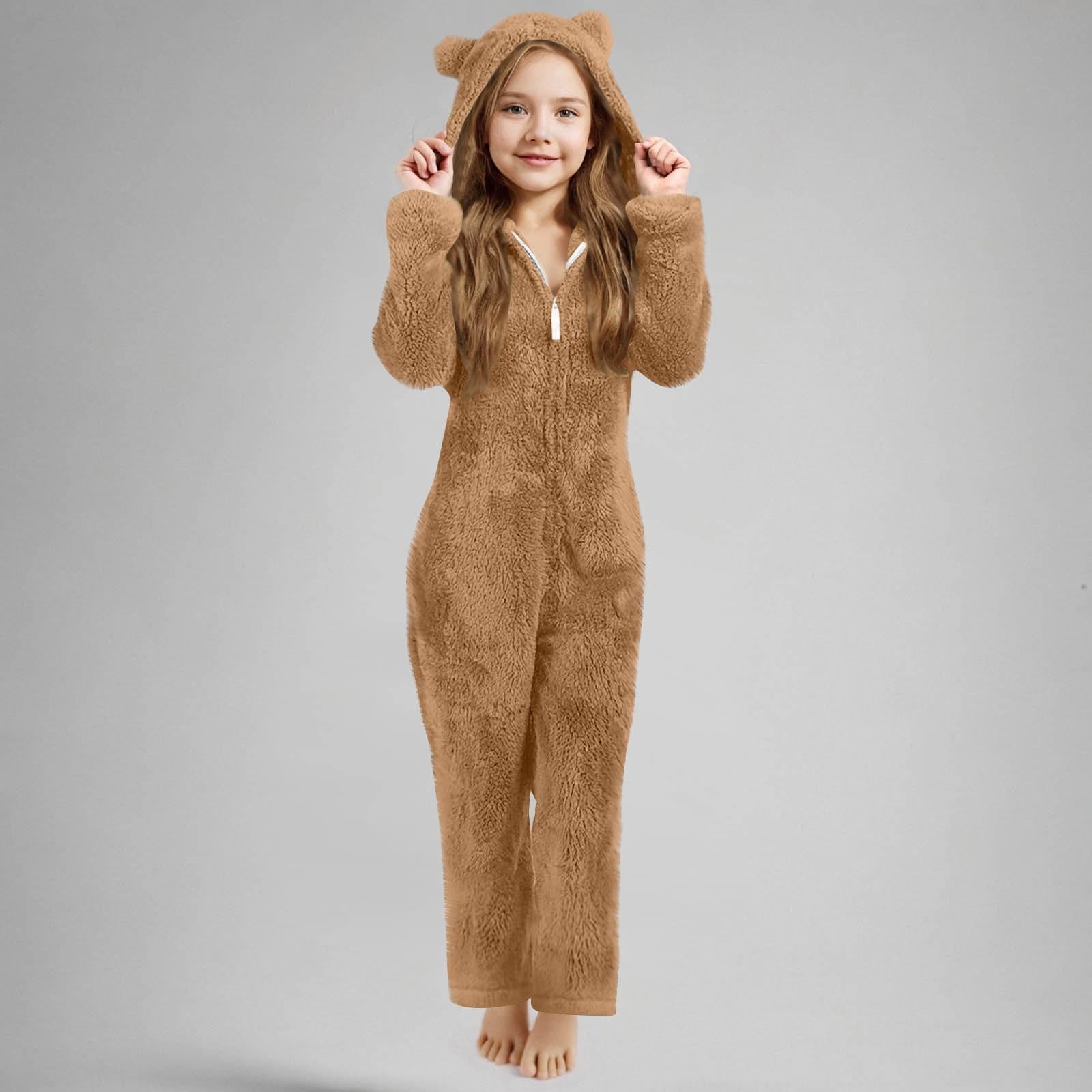 FUZHIQ Boys Girls Fleece Jumpsuits Onesie One Piece Zip Up Hooded Super Soft Fuzzy Hooded Rompers Warm Winter Jumpsuit for 7-8 Years