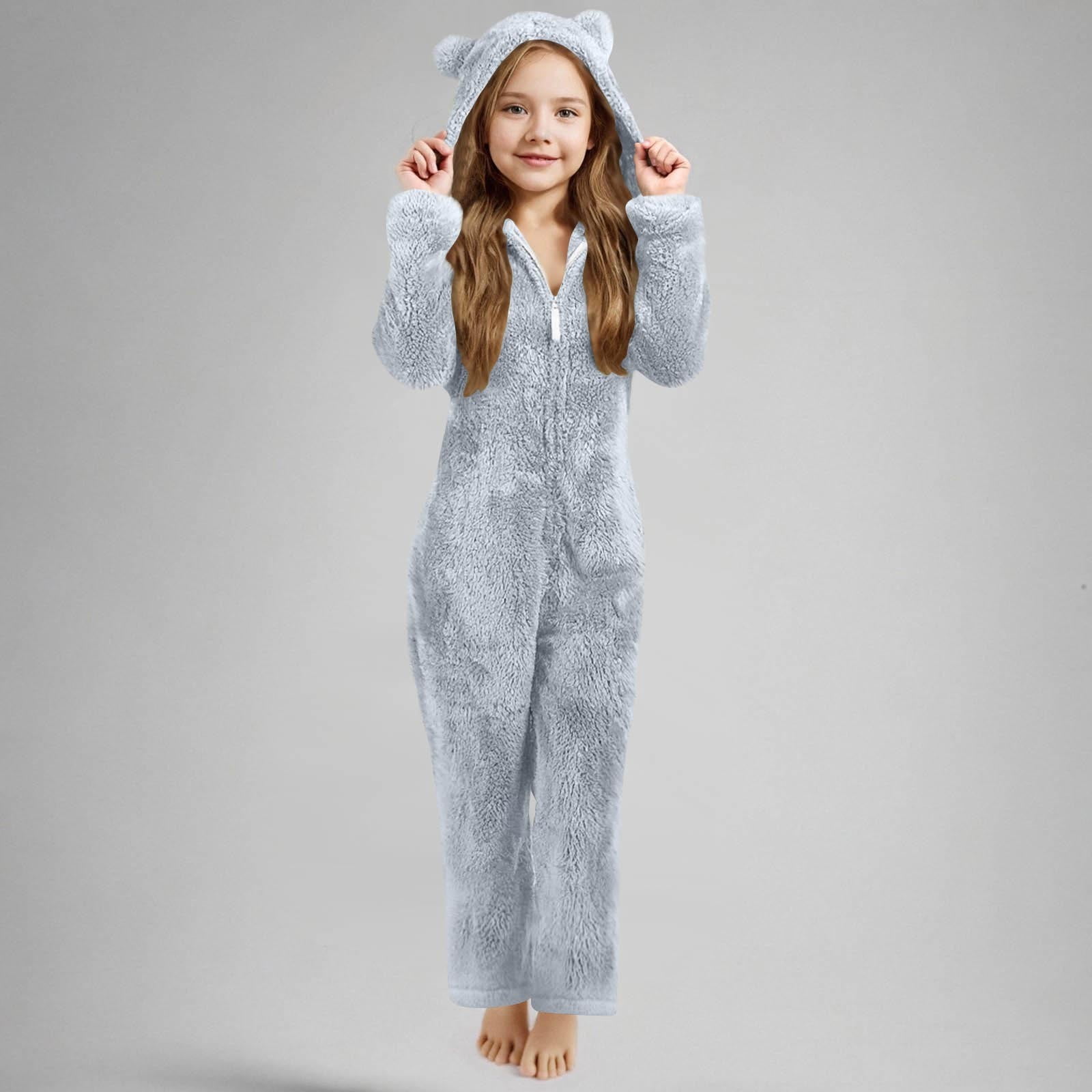 FUZHIQ Boys Girls Fleece Jumpsuits Onesie One Piece Zip Up Hooded Super Soft Fuzzy Hooded Rompers Warm Winter Jumpsuit for 7-8 Years