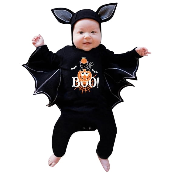 FUZHIQ Boys Girls My First Halloween Outfit Bat Cartoon Prints Romper & Jumpsuit Long Sleeve Hoodie Pants for Halloween Party,3-6 Months