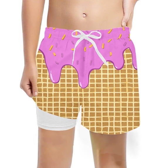 FUZHIQ Boys Ice Cream Swim Trunks With Compression Liner Boy Bathing Suit Quick Dry Beach Swimsuit Toddler Swim Shorts,7 Years
