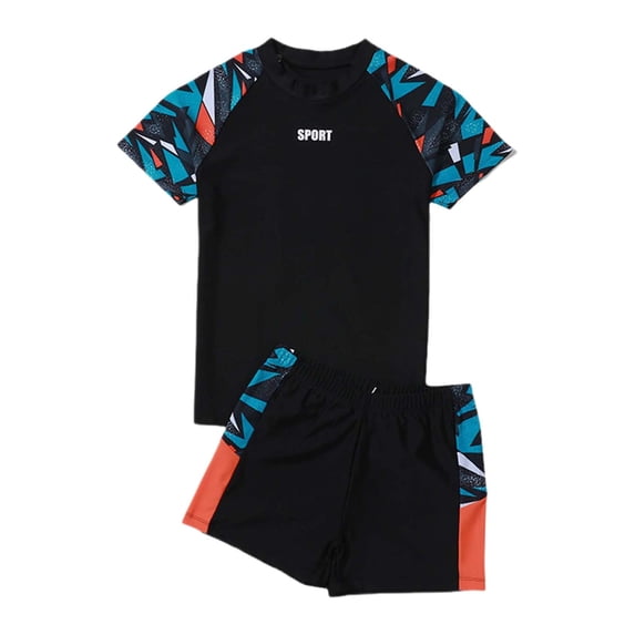 FUZHIQ Boys Plus Size 2 Piece Long Sleeve Rash Guard Swimsuit Set, UPF 50+ Sun Protection Quick Dry Loose Stretchy Ocean Nautical Print Bathing Suit for Big Kids Beach Swim,190
